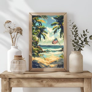 Vintage Beach Scene ,4th of July Printable Wall Art, Patriotic Independence Day Printable, Americana Independence Day Decor,Digital Download