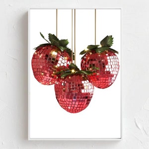 Disco Strawberries Wall Art Print,Preppy Disco Ball Poster,Valentine Art,Trendy Dorm Room Decor,Glam Disco Ball Red Strawberries,PRINTABLE