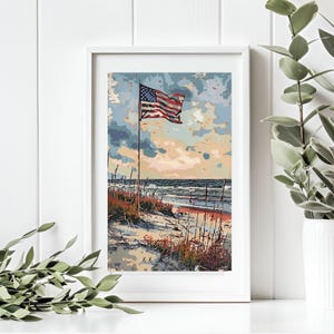 Vintage Beach Scene ,4th of July Printable Wall Art, Patriotic 4th of July Beach Day, Americana Independence Day Decor, Americana Home Decor