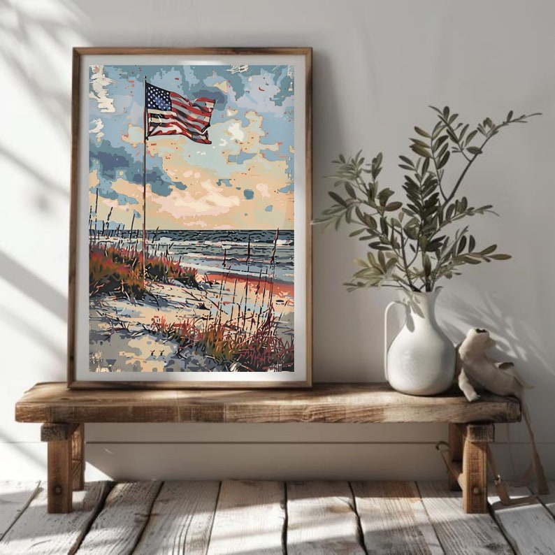 Vintage Beach Scene ,4th of July Printable Wall Art, Patriotic 4th of ...