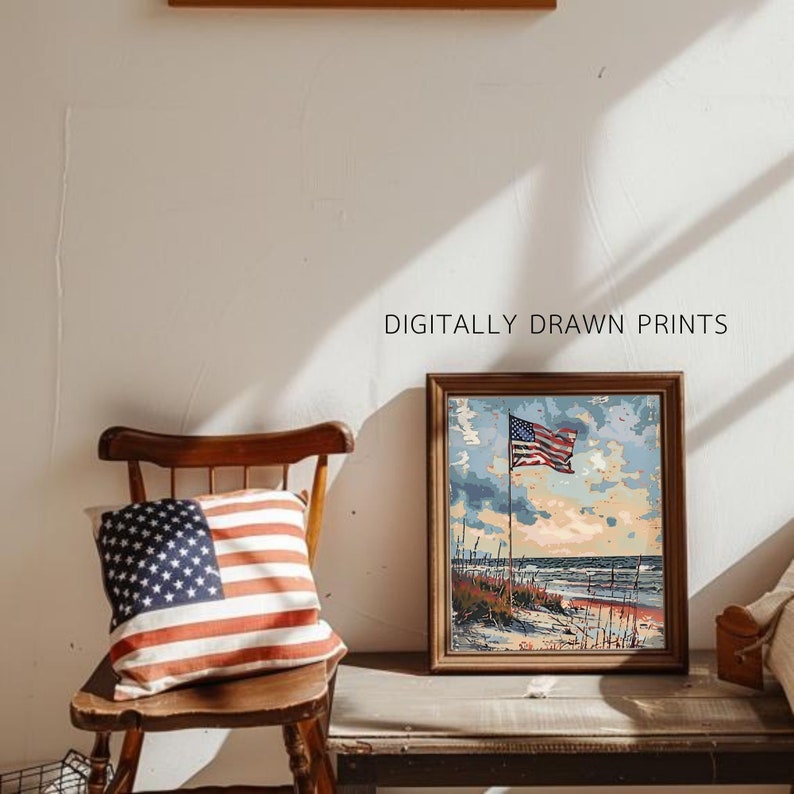 Vintage Beach Scene ,4th of July Printable Wall Art, Patriotic 4th of ...