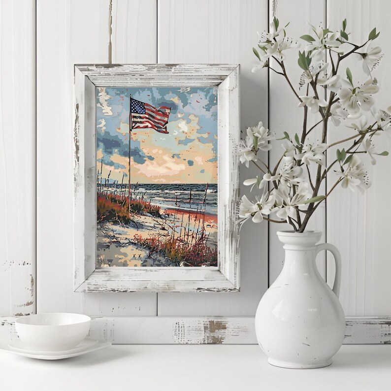 Vintage Beach Scene ,4th of July Printable Wall Art, Patriotic 4th of ...