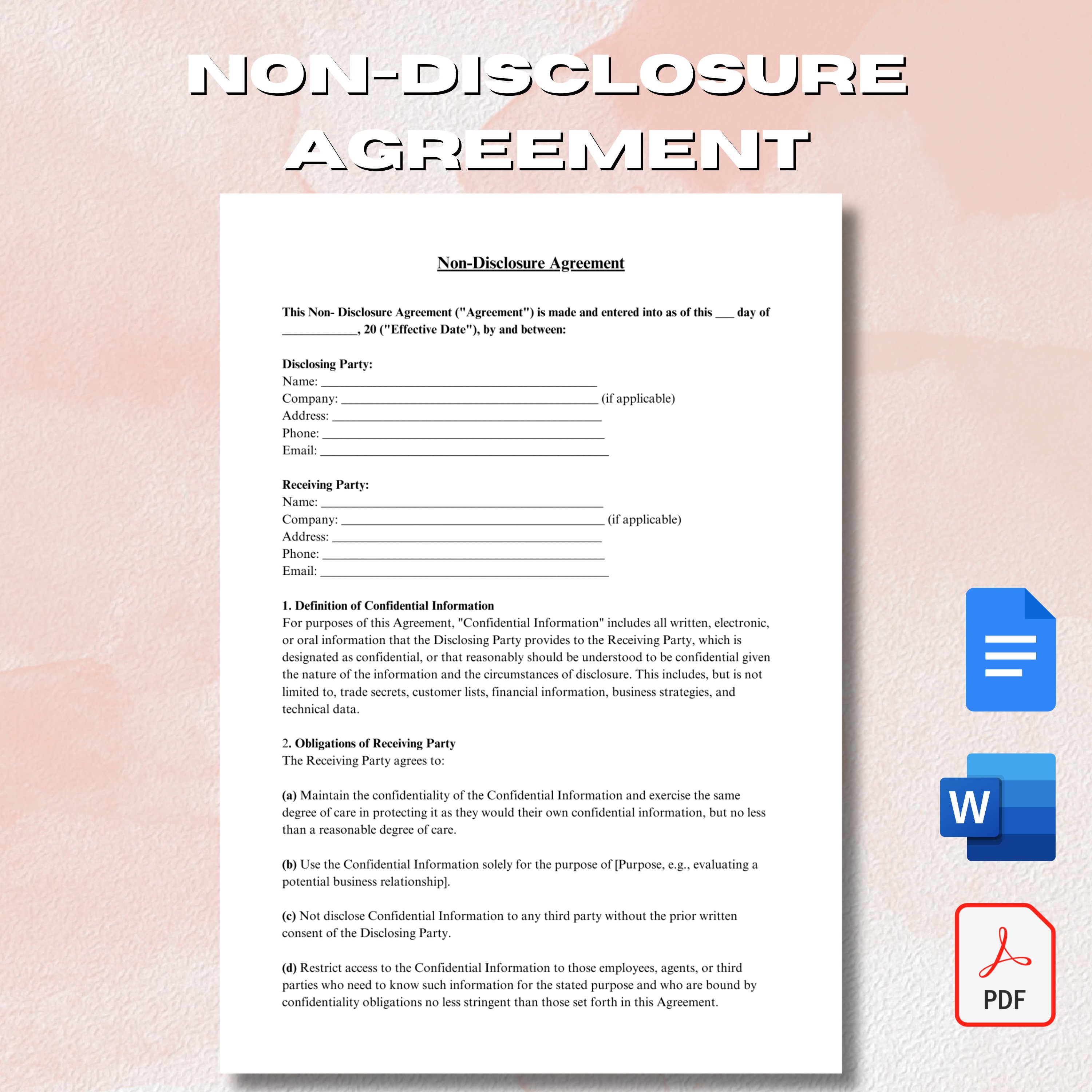 Non-disclosure Agreement Mircrosoft Word / Google Docs Editable and Printable PDF File - Etsy