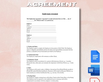 Employment Agreement - Mircrosoft Word / Google Docs Editable and Printable PDF File