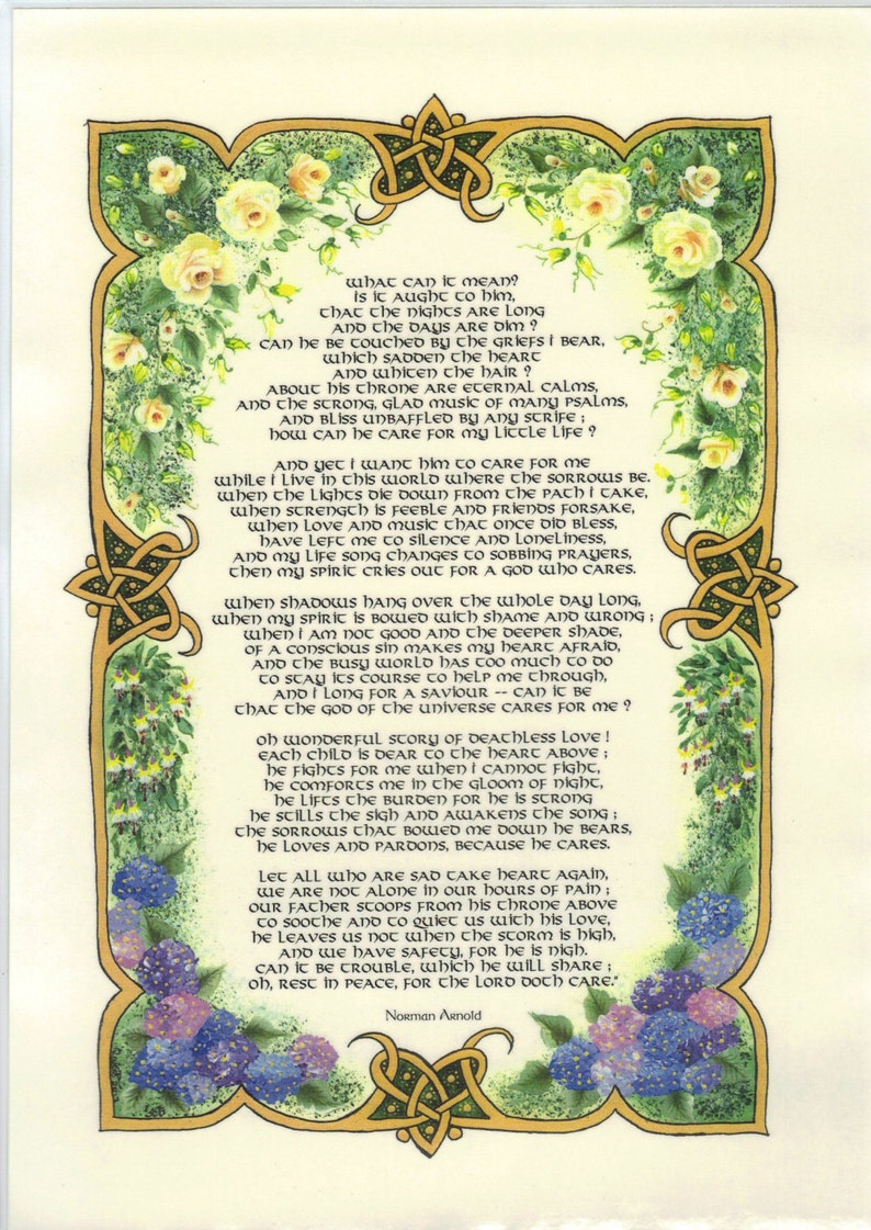 He Cares For Me Norman Arnold Poem Illuminated Calligraphy Etsy