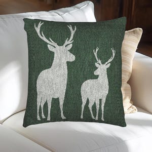 Cojín tejido con diseño de ciervo, decoración rústica para cabaña, detalle para refugio en el bosque, cojín verde oscuro