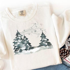 Comfort Colors, Winter, Sweatshirt, White, Snowy Trees, Snow, Cotton, Long Sleeve, Warm, Cozy, Gift,