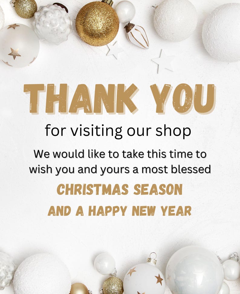 May include: A seasonal greeting card with gold text saying "THANK YOU" and wishing a "CHRISTMAS SEASON" and "A HAPPY NEW YEAR". The image is decorated with white and gold Christmas baubles and star-shaped ornaments.