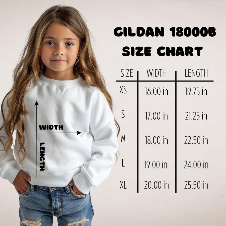 May include: A girl in a white sweatshirt next to a Gildan 18000B size chart. The chart shows width and length measurements in inches for sizes XS to XL. The chart is designed for apparel.