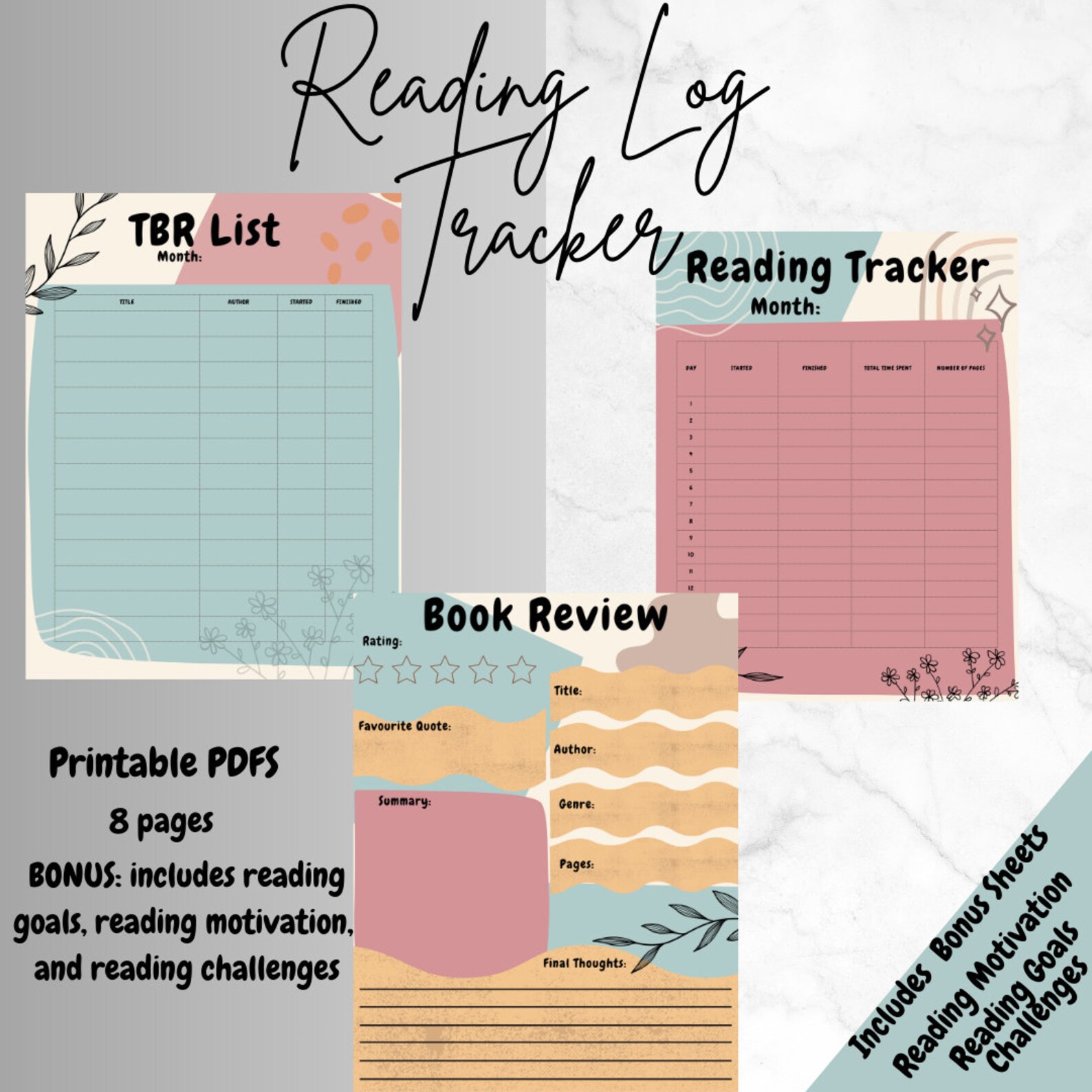 Reading Log Printable Tracker Planner for Reading, Book Review Log, TBR ...
