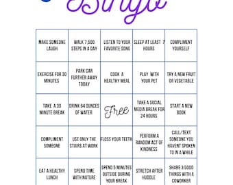 May include: A white Bingo card with a blue and purple floral design, promoting nursing wellness. The card features a grid with various wellness activities, including "Make Someone Laugh" and "Drink 64 ounces of water."
