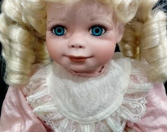 Ashton Drake Doll, Blonde Curls, Nylon Pink Dress, 1998 Vintage doll