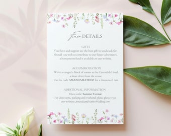 Wildflower Wedding Details Card, Pastel Wedding Details Insert Card, Printable Accommodation Card, Invitation Enclosure Card | FP1