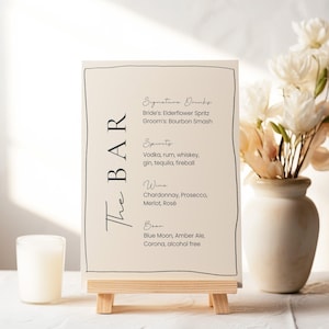 Wedding Bar Menu Template, Simple Wedding Bar Menu, Black Wavy Border Frame, Custom Cocktail Sign, Signature Drinks Sign | 3 Sizes
