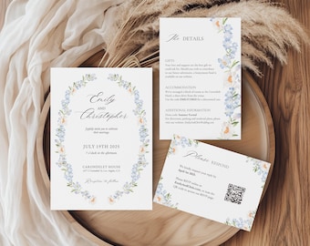 Light Blue Floral Wedding Invitation Suite, Pastel Wildflower Invite Set, Dusty Blue Flower Wreath, Template Bundle, Blue Hydrangea | BF1
