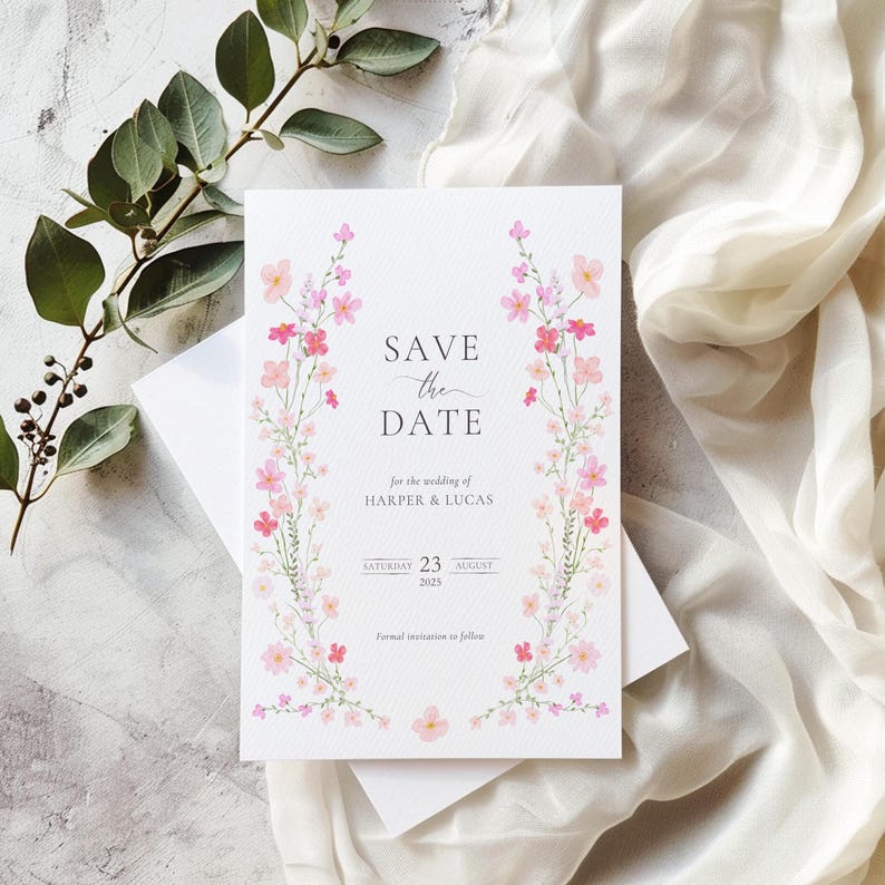 Op de afbeelding: Save the date-kaart met een roze bloemenrand. De tekst luidt "Save the Date" voor de bruiloft van Harper & Lucas, zaterdag 23 augustus 2025. Formele uitnodiging volgt.