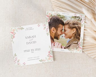 Save The Date met wilde bloemen, uitnodiging met foto op achterkant, pastelkleurige save-the-date-uitnodiging, afdrukbare dubbelzijdige save-the-date-kaart van 5 x 7" | PW1
