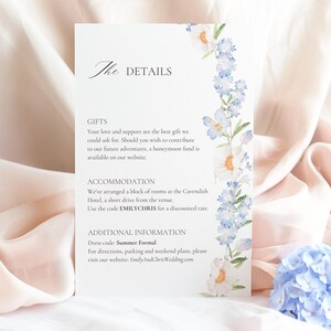 Cartão de detalhes de convite de casamento azul claro, cartão de inserção de detalhes de casamento em tons pastel, cartão de acomodação para impressão, cartão de anexo de convite, BF1