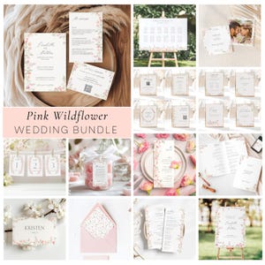 Może przedstawiać: Zestaw papieru do druku Pink Wildflower Wedding Bundle z kwiatowymi wzorami. Zawiera zaproszenia, karty RSVP, numery stołów, menu i wiele innych.