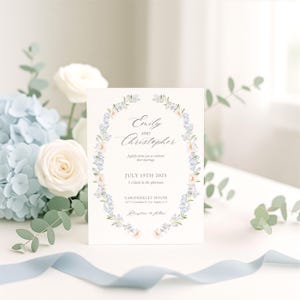 Light Blue Floral Wedding Invitation, Pastel Wildflower Invite, Dusty Blue Flower Wreath, Editable Template, Forget Me Not Flowers | BF1