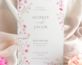 Bright Pink Floral Wedding Invitation, Pastel Wildflower Invite Template, Dusty Pink Flowers, Floral Save The Date, Pink Wildflower | WP1