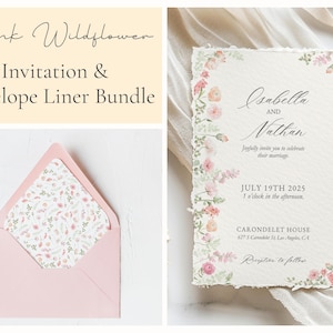 May include: Pink floral wedding invitation with a delicate watercolor design. The invitation features the names "Isabella and Nathan" and the date "July 19th 2025".