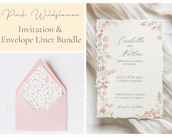 Pink Peony Wedding Invitation & Envelope Bundle, Customizable Digital Template, Pastel Wildflower Invite Suite | Spring Flowers | PW1