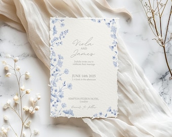 Blue Toile Wedding Invitation Set | Custom Digital Templates | Vintage Dusty Blue Invite | Chinoiserie Flowers | With Details Card | TC1
