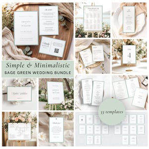 Salviagrönt bröllopsinbjudningspaket, 33 matchande mallar, Dammigt grönt bröllopspaket, Anpassat bröllopsinbjudningsset, Enkelt rampaket