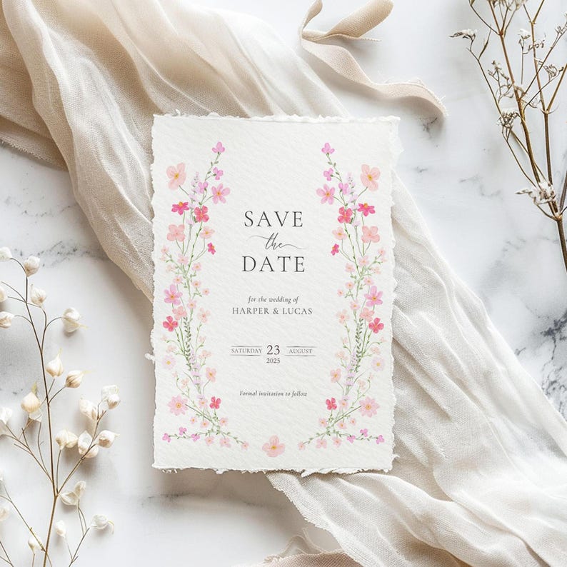 Op de afbeelding: Een save-the-date kaart met een bloemenontwerp. De kaart is wit met roze bloemen en groene bladeren. De tekst op de kaart luidt "Save the Date" voor de bruiloft van Harper & Lucas, zaterdag 23 augustus 2025. Formele uitnodiging volgt.