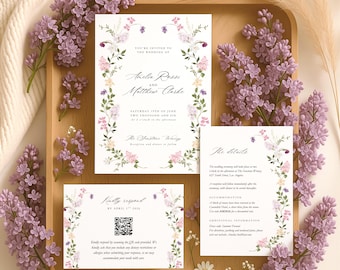 Floral Wedding Invitation Set, Dusty Lilac, Light Pink & Purple Wedding Invitation, Wildflower Wreath, Garden Invite, Spring Flowers | LF1