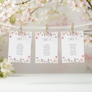 Bloemen tafelschikking bruiloft, Bewerkbare tafelkaarten bruiloft, Stoelkaarten bruiloft, Bloemen tafelnamen, 3 maten | WF1