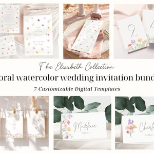 Floral Wedding Stationery Bundle - Customizable digital templates, Pastel Wildflower Invitation Set, Pastel Floral Invitation Suite | EB1