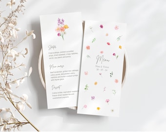Menú de boda con flores silvestres, plantilla digital personalizable, menú de boda con flores, menú de flores pastel, tarjeta de menú buffet / EB1