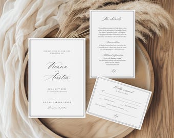Minimalist Wedding Invitation Bundle, Modern Invite Suite, Minimal Invitation Template Set, Elegant Online RSVP, Black Tie Wedding