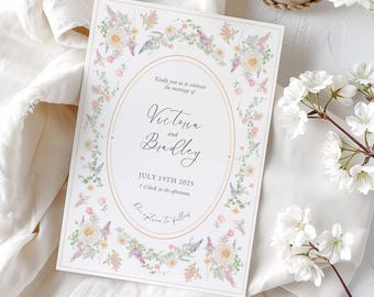 Vintage Floral Wedding Invitation Set, Baroque border, Victorian Wedding Invitation, Pink Floral Crest,  Spring Wildflower Invite | VV1