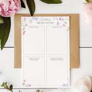 Könnte beinhalten: Eine druckbare Checkliste zur Hochzeitsplanung mit floralen Rändern. Die Checkliste ist in vier Abschnitte unterteilt: Dinge zum Kaufen, Dinge zum Selbermachen, Dinge zum Buchen/Outsourcing und Dinge zum Überprüfen/Zufällige Gedanken.