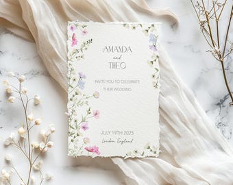 Floral Wedding Invitation | Customizable digital template | Pastel Wildflower Invite | Flower Field Invitation with Details Card - FP1
