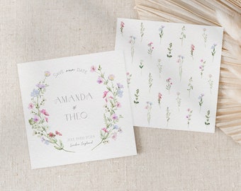 Afdrukbare bloemen Save The Date - aanpasbare digitale sjabloon - pastelkleurige wilde bloemen, romantische kransuitnodiging - lentebruiloft | KP1