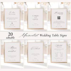 May include: Set of 20 minimalist wedding table signs with gold frames and white backgrounds. The signs include text such as "In lieu of favours", "Cards and Gifts", "Honeymoon Fund", "Advice and Wishes", "Please sign our Guestbook", and "Shuttle Service".