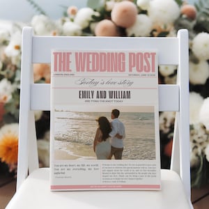 May include: A mock-up of a wedding announcement newspaper with the headline "The Wedding Post" and the subheading "Today's Love Story." The announcement is for Emily and William, who are tying the knot on June 15, 2025. A photo of the couple on a beach is featured in the announcement.
