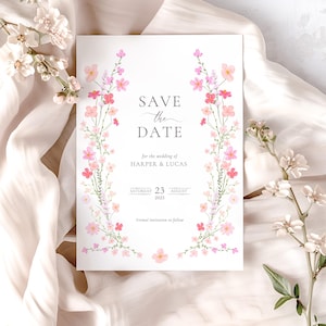 Réservez votre modèle de faire-part de mariage, modèle d'invitation de fleurs sauvages, invitation rose et pêche, réservez notre date floral, couronne de fleurs rose, WP1