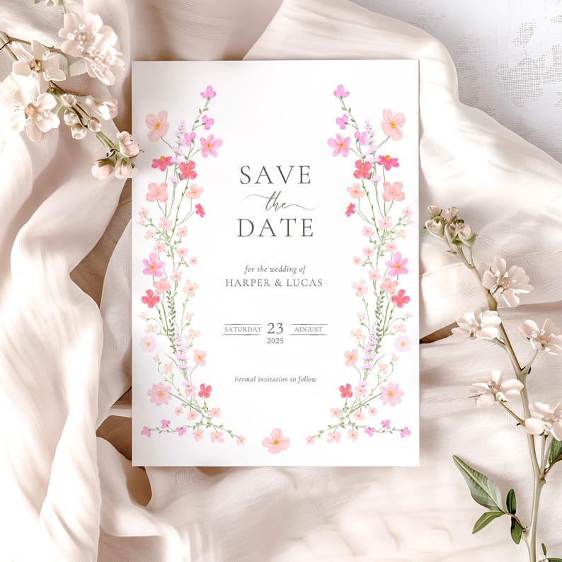 Op de afbeelding: Save the date-kaart met een bloemmotief. De kaart is wit met roze bloemen en groene bladeren. De tekst op de kaart luidt "Save the Date" voor de bruiloft van Harper & Lucas, zaterdag 23 augustus 2025. Formele uitnodiging volgt.