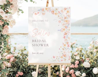 Floral Bridal Shower Welcome Sign, Love Is In Bloom Bridal Shower Welcome Sign, Pink Peach Wildflower Signage Template | LB1