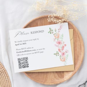 Convite de casamento floral rosa RSVP, RSVP pastel com código QR, Cartão de resposta de casamento, RSVP de casamento para impressão, Cartão de anexo de convite, PW1
