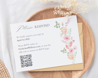 Pink Floral Wedding Invitation RSVP, Pastel RSVP With QR Code, Wedding Response Card, Printable Wedding Rsvp, Invitation Enclosure Card, PW1
