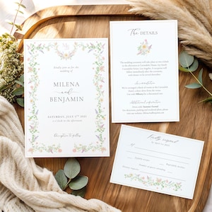 Vintage Floral Wedding Invitation Set, Baroque border, Victorian Wedding Invitation, Pink Floral Crest  Monogram Invite, Spring Flowers, VV1