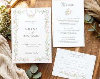 Vintage Floral Wedding Invitation Set, Baroque border, Victorian Wedding Invitation, Pink Floral Crest  Monogram Invite, Spring Flowers, VV1