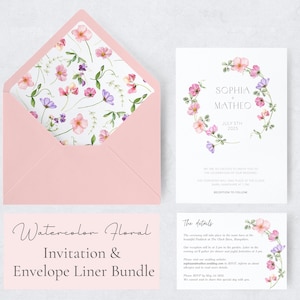 Pacchetto invito matrimonio romantico e fodera per busta, modello digitale personalizzato, ghirlanda di fiori di campo pastello con dettagli / 5x7" / WF1