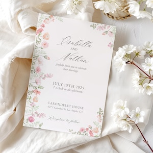 Rosa Pfingstrose Hochzeitseinladung, anpassbare digitale Vorlagen, Pastell Wildblumen Invite Set, Frühlingsblumen, helles Rosa und Pfirsich | PW1